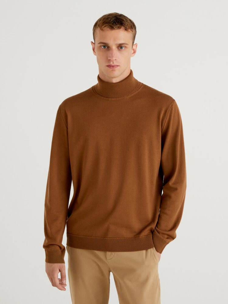 Benetton Pure Virgin Wol Turtleneck High Neck Sweaters Heren Bruin | BE459998