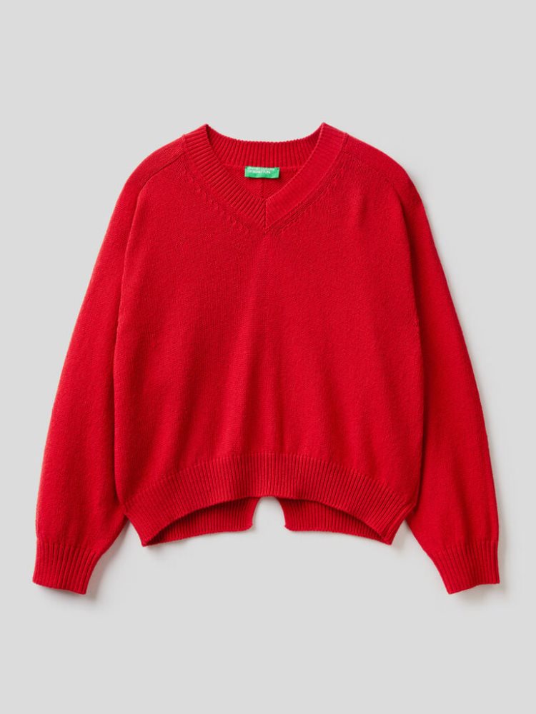 Benetton Recycled Katoenen Blend V-neck Sweaters Dames Rood | BE919643