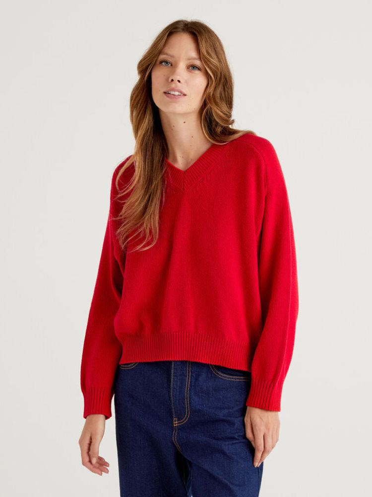 Benetton Recycled Katoenen Blend V-neck Sweaters Dames Rood | BE919643