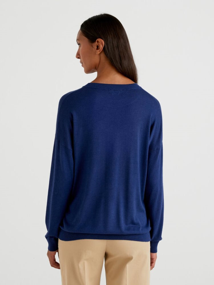 Benetton Relaxed Boxy Fit Crew Neck Sweaters Dames Blauw | BE092284