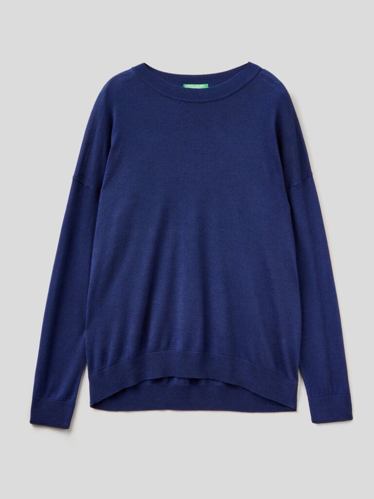 Benetton Relaxed Boxy Fit Crew Neck Sweaters Dames Blauw | BE092284