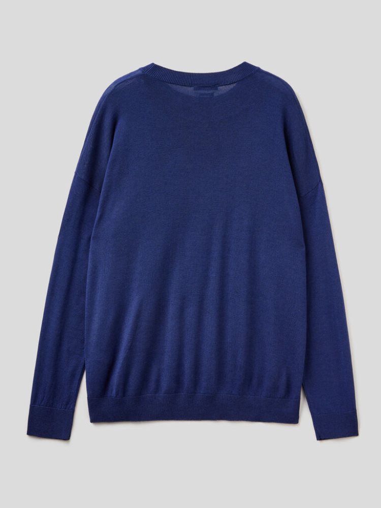 Benetton Relaxed Boxy Fit Crew Neck Sweaters Dames Blauw | BE092284