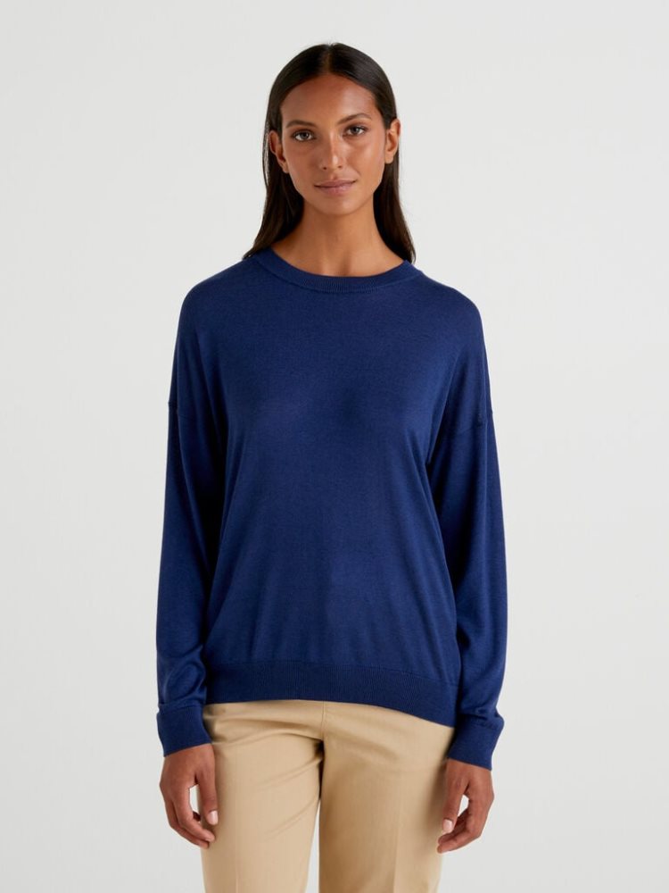 Benetton Relaxed Boxy Fit Crew Neck Sweaters Dames Blauw | BE092284