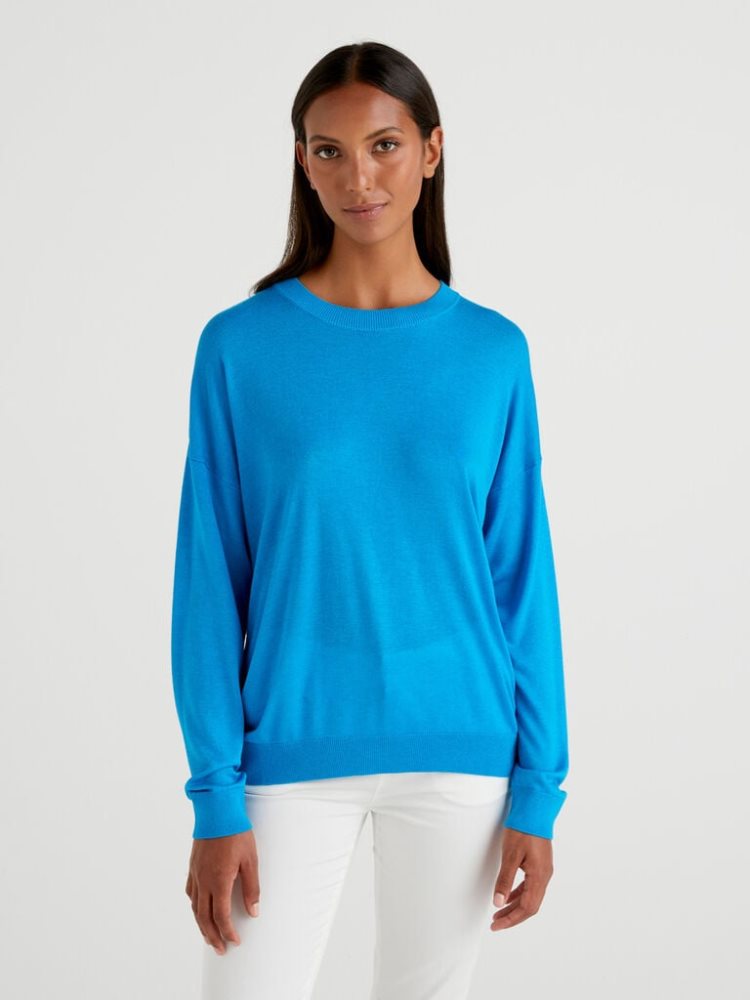 Benetton Relaxed Boxy Fit Crew Neck Sweaters Dames Turquoise | BE887332