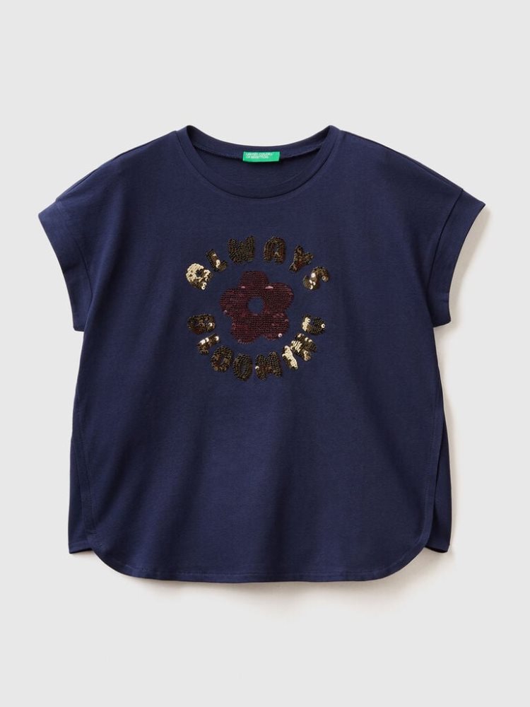 Benetton Reversible Sequins Short Sleeve T-shirts Kinderen Donkerblauw | BE862372