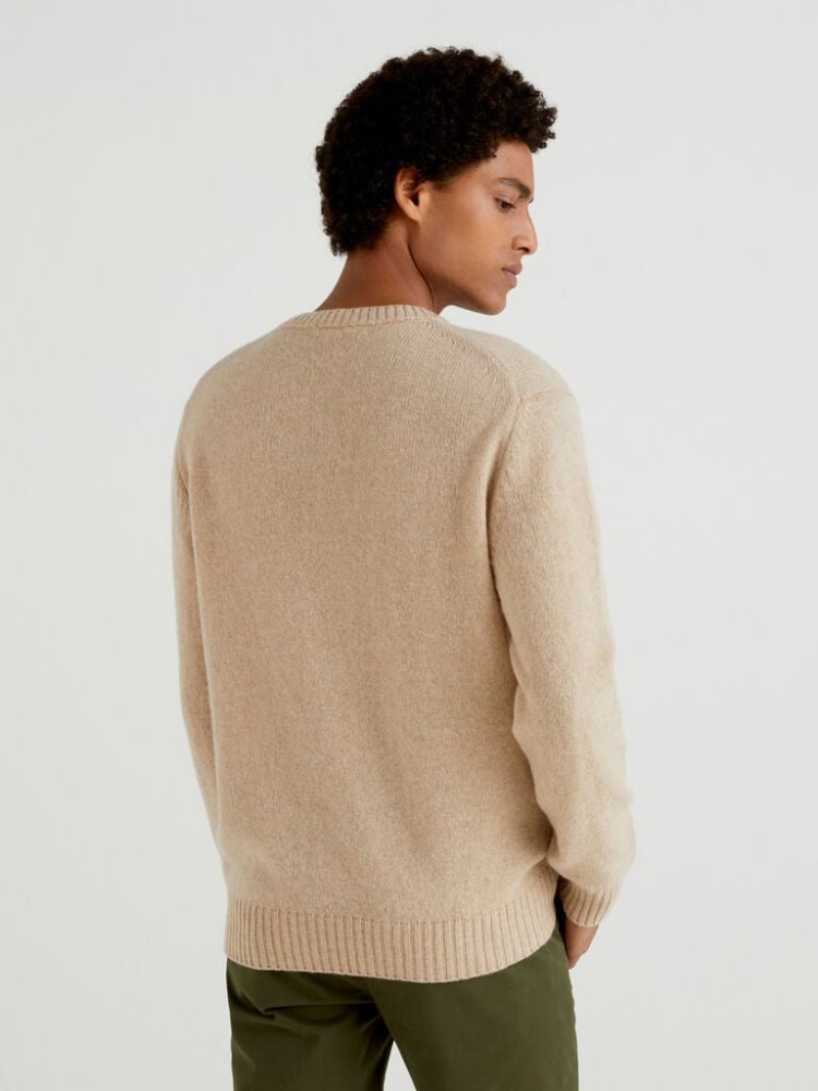 Benetton Shetland Wol Crew Neck Sweaters Heren Camel | BE249700