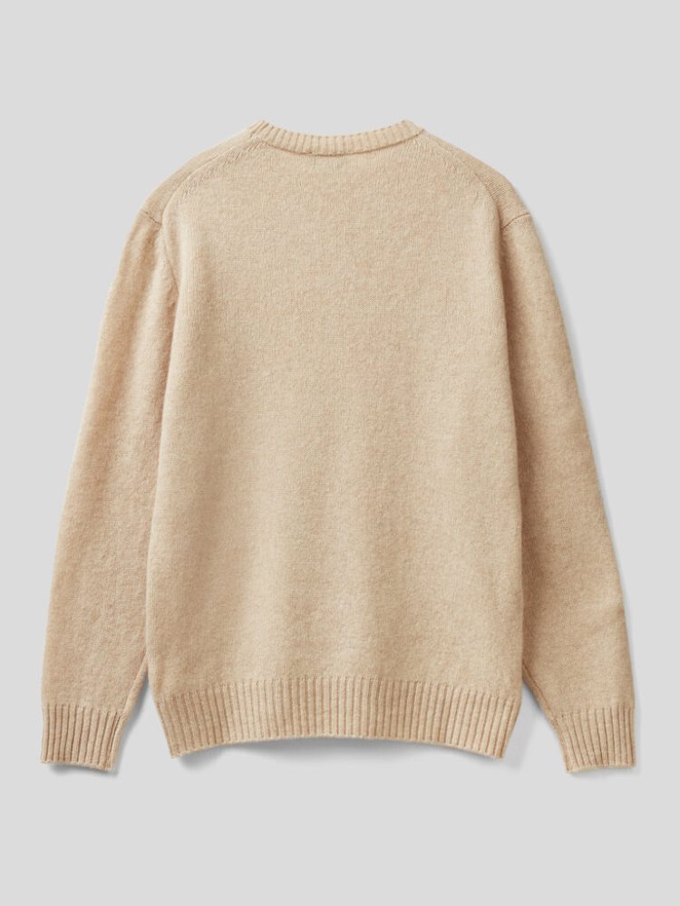 Benetton Shetland Wol Crew Neck Sweaters Heren Camel | BE249700