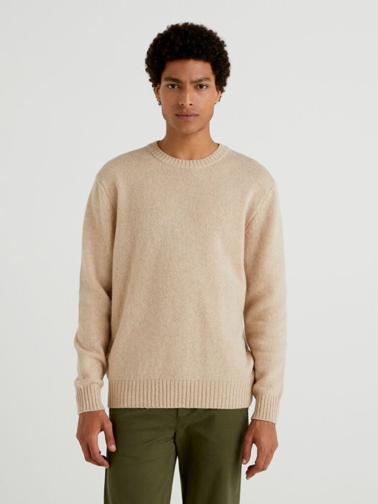 Benetton Shetland Wol Crew Neck Sweaters Heren Camel | BE249700