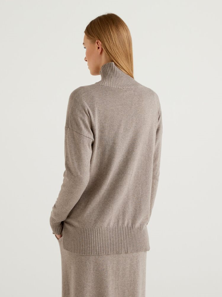 Benetton Silk And Cashmere Blend Turtleneck Jumpers Dames Beige | BE335145