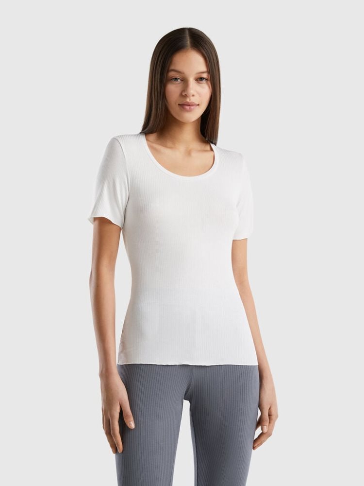 Benetton Slim Fit Geribbeld T-shirts Dames Wit | BE738952