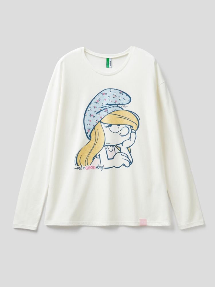 Benetton Smurfs Katoenen And Viscose Blend T-shirts Dames Wit | BE125648