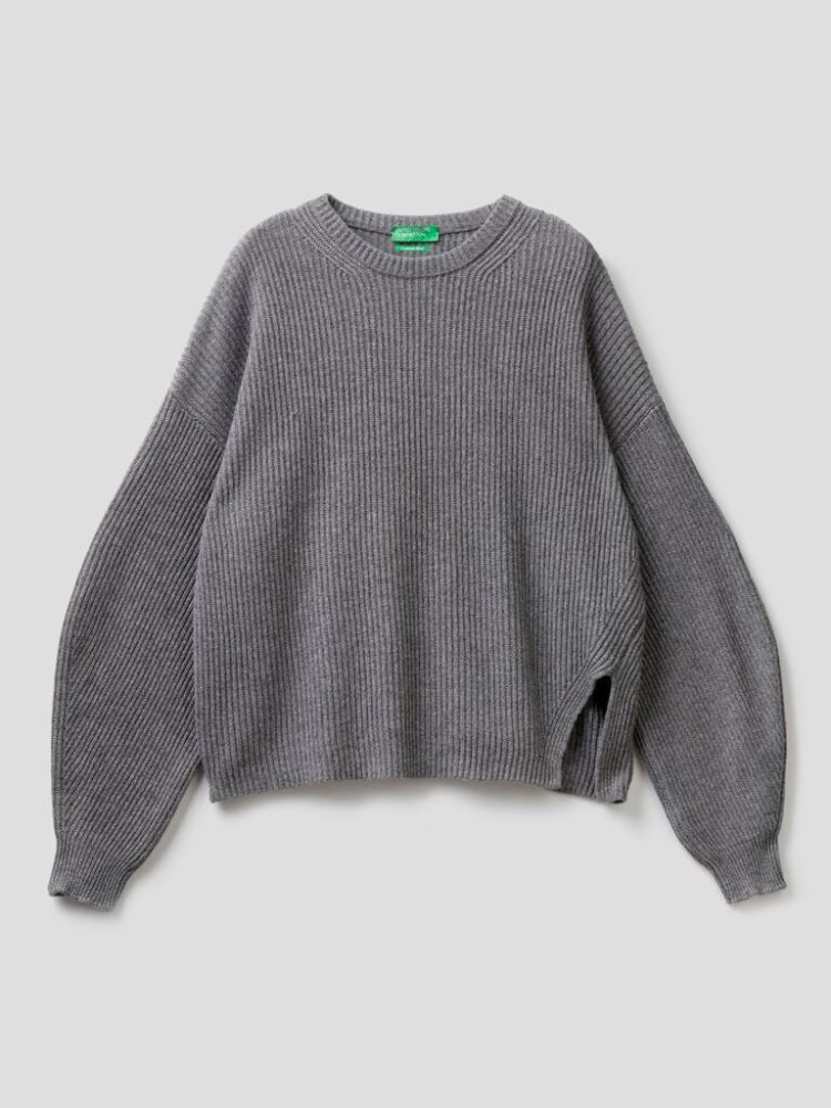 Benetton Soft Slit Pattern Crew Neck Sweaters Dames Donkergrijs | BE087625