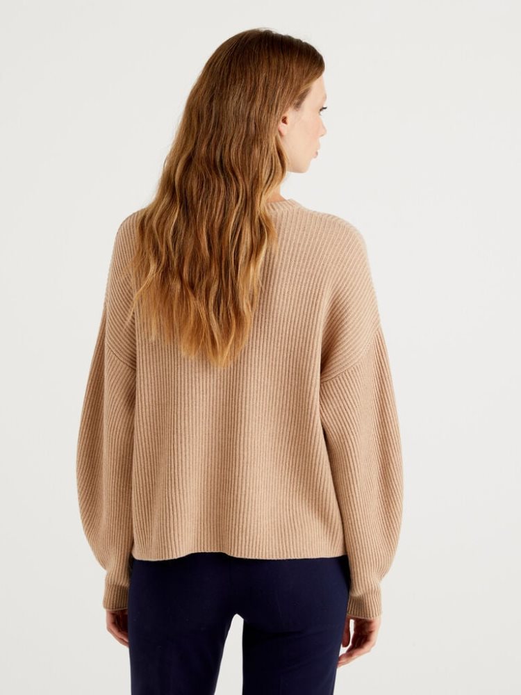 Benetton Soft Slit Pattern Crew Neck Sweaters Dames Beige | BE391315