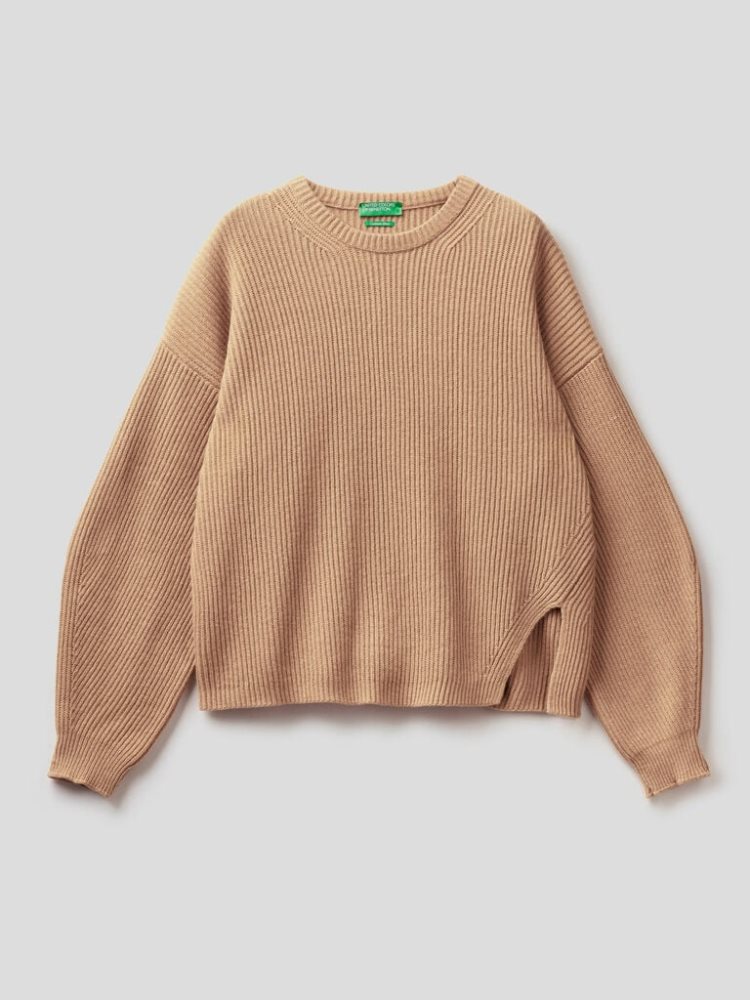 Benetton Soft Slit Pattern Crew Neck Sweaters Dames Beige | BE391315