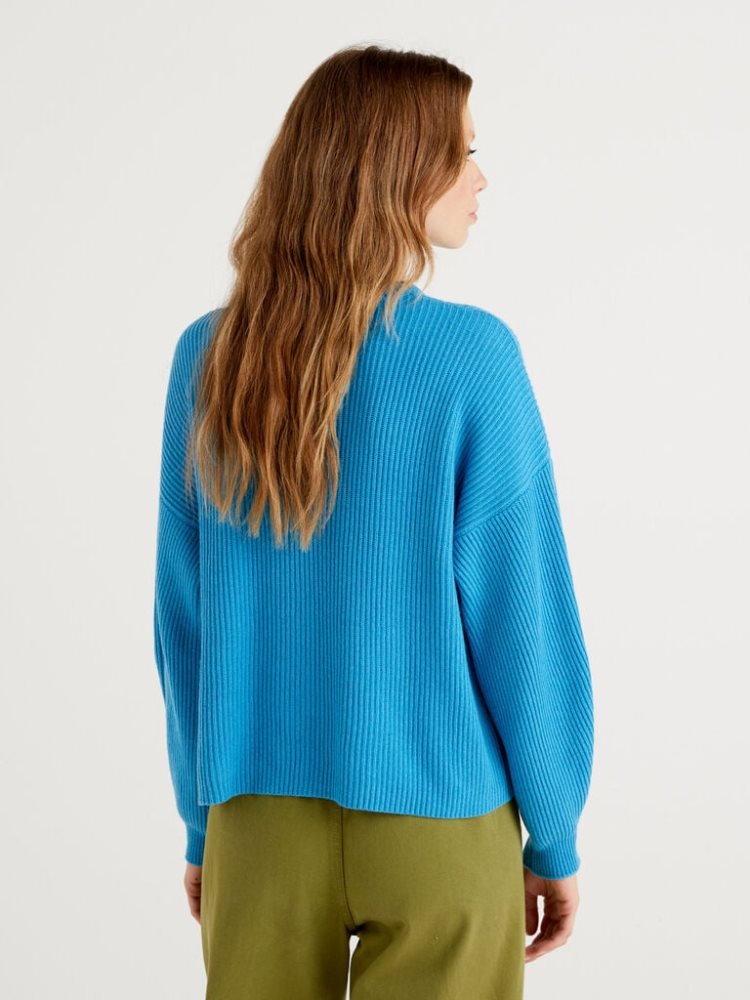 Benetton Soft Slit Pattern Crew Neck Sweaters Dames Turquoise | BE888167