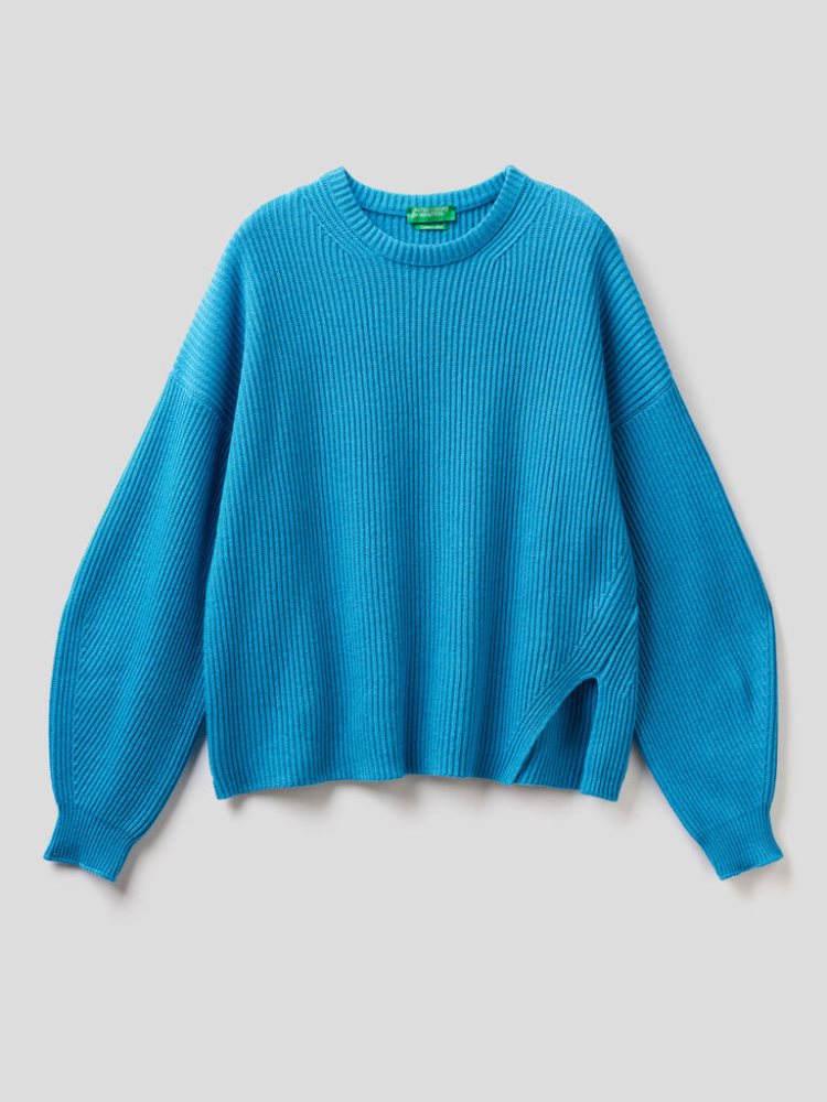 Benetton Soft Slit Pattern Crew Neck Sweaters Dames Turquoise | BE888167