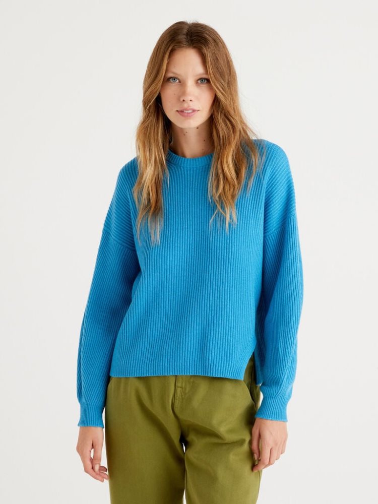 Benetton Soft Slit Pattern Crew Neck Sweaters Dames Turquoise | BE888167