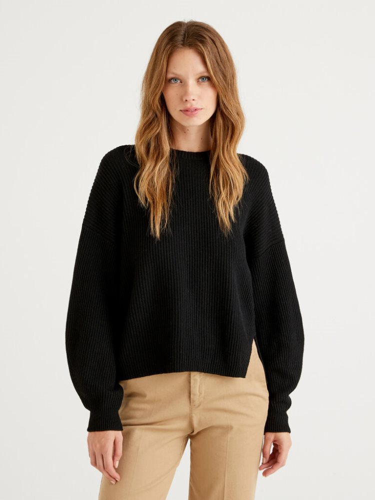 Benetton Soft Slit Pattern Crew Neck Sweaters Dames Zwart | BE943639