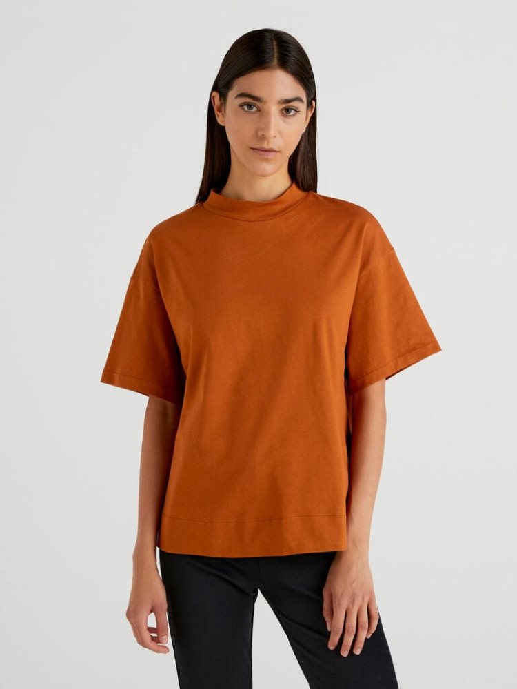 Benetton Standing Neck Short Sleeve T-shirts Dames Burnt | BE497746