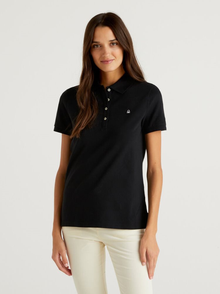 Benetton Stretch Katoenen Poloshirt Dames Zwart | BE968255