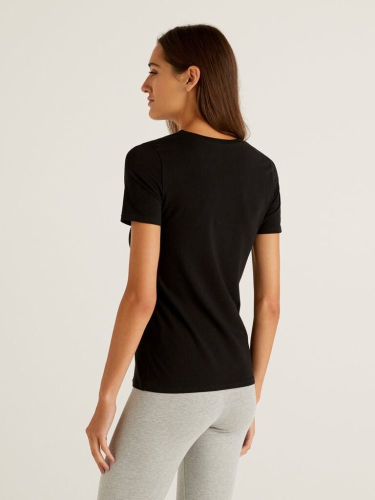 Benetton Super Stretch Organic Katoenen T-shirts Dames Zwart | BE852435