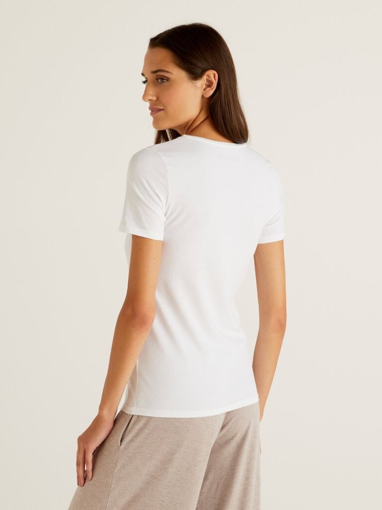 Benetton Super Stretch Organic Katoenen T-shirts Dames Wit | BE906599