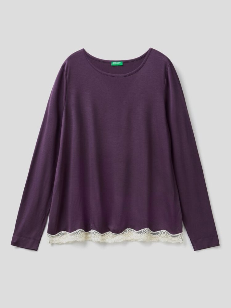 Benetton Sustainable Stretch Viscose Blend T-shirts Dames Plum | BE489636