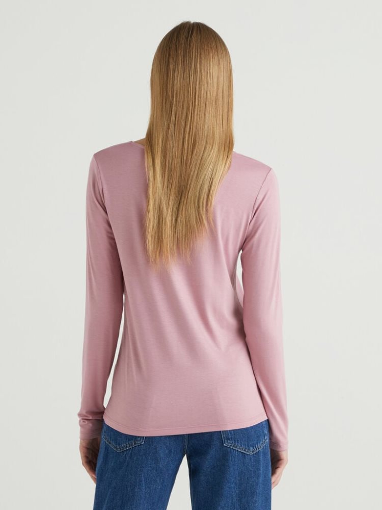 Benetton Sustainable Stretch Viscose Long Sleeve T-shirts Dames Roze | BE336999