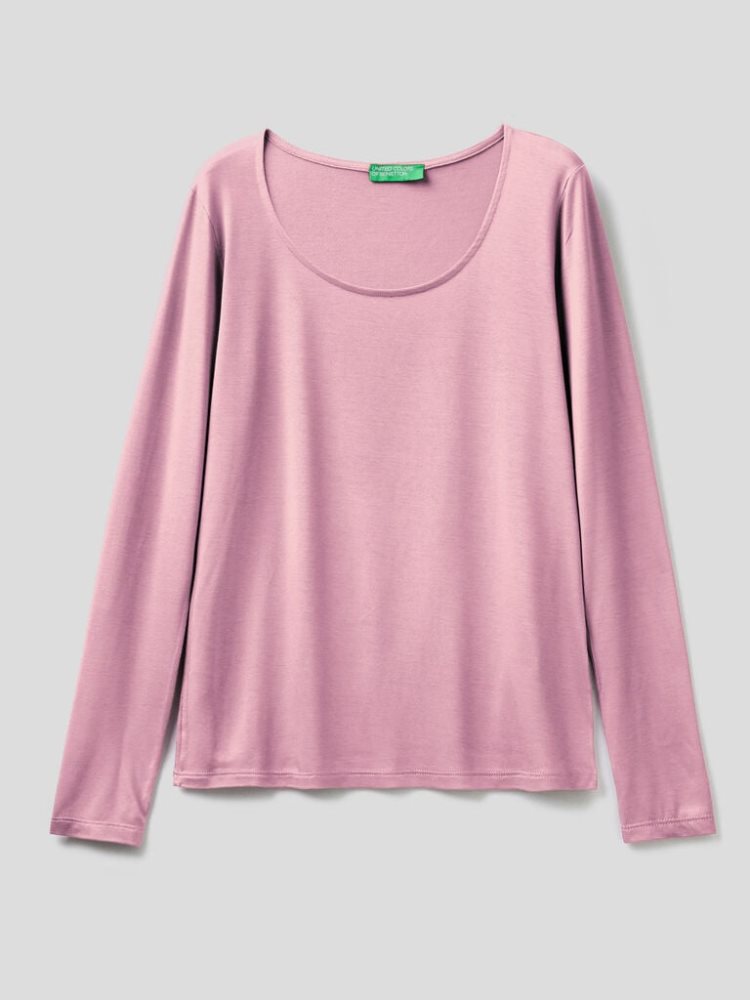 Benetton Sustainable Stretch Viscose Long Sleeve T-shirts Dames Roze | BE336999