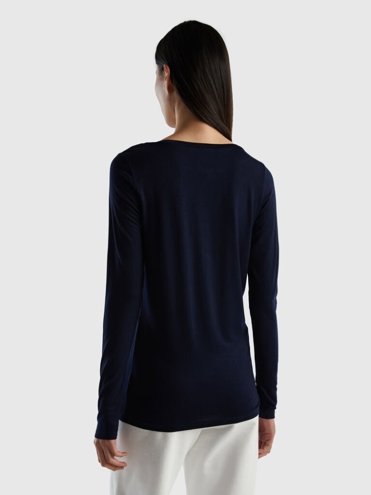 Benetton Sustainable Stretch Viscose Long Sleeve T-shirts Dames Donkerblauw | BE385970