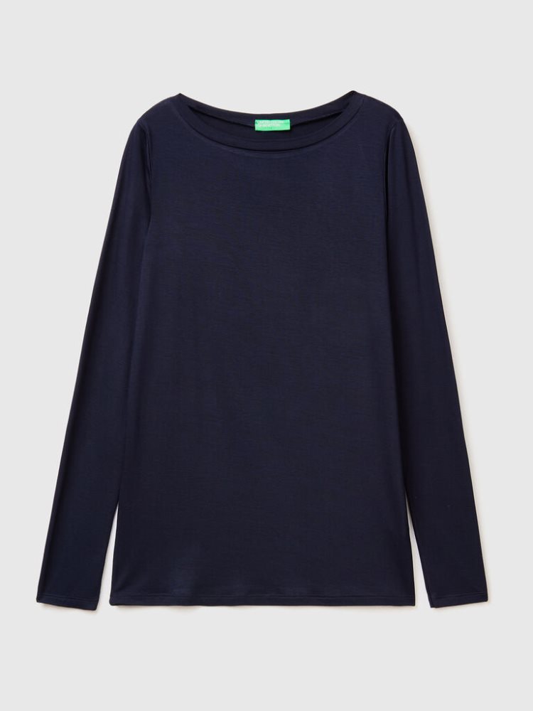 Benetton Sustainable Stretch Viscose Long Sleeve T-shirts Dames Donkerblauw | BE385970