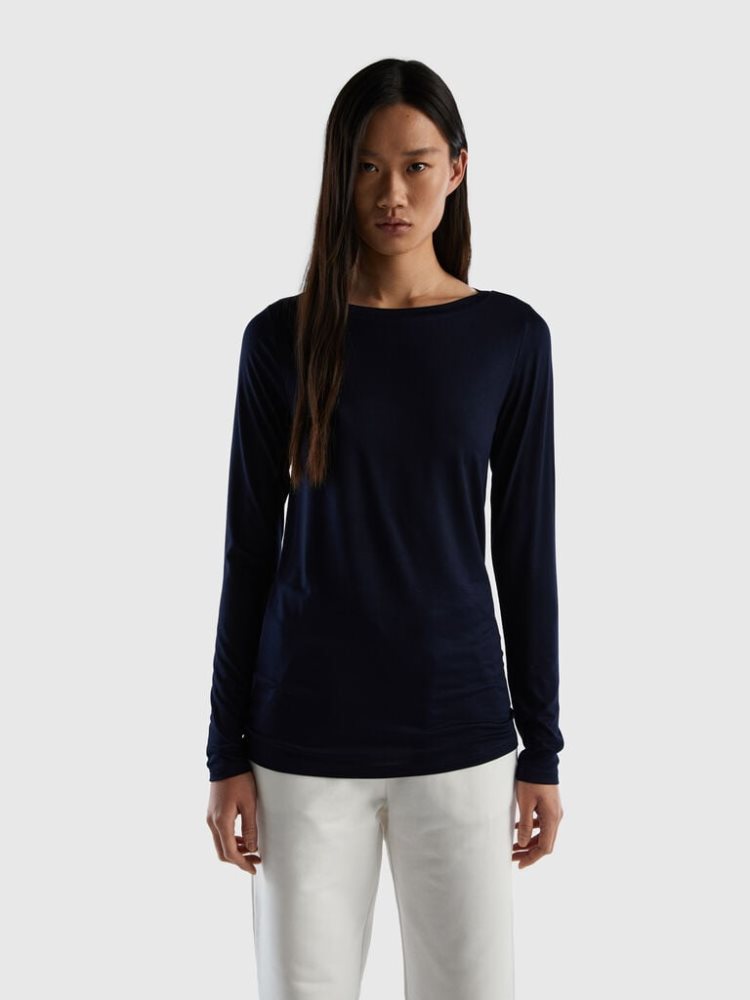 Benetton Sustainable Stretch Viscose Long Sleeve T-shirts Dames Donkerblauw | BE385970