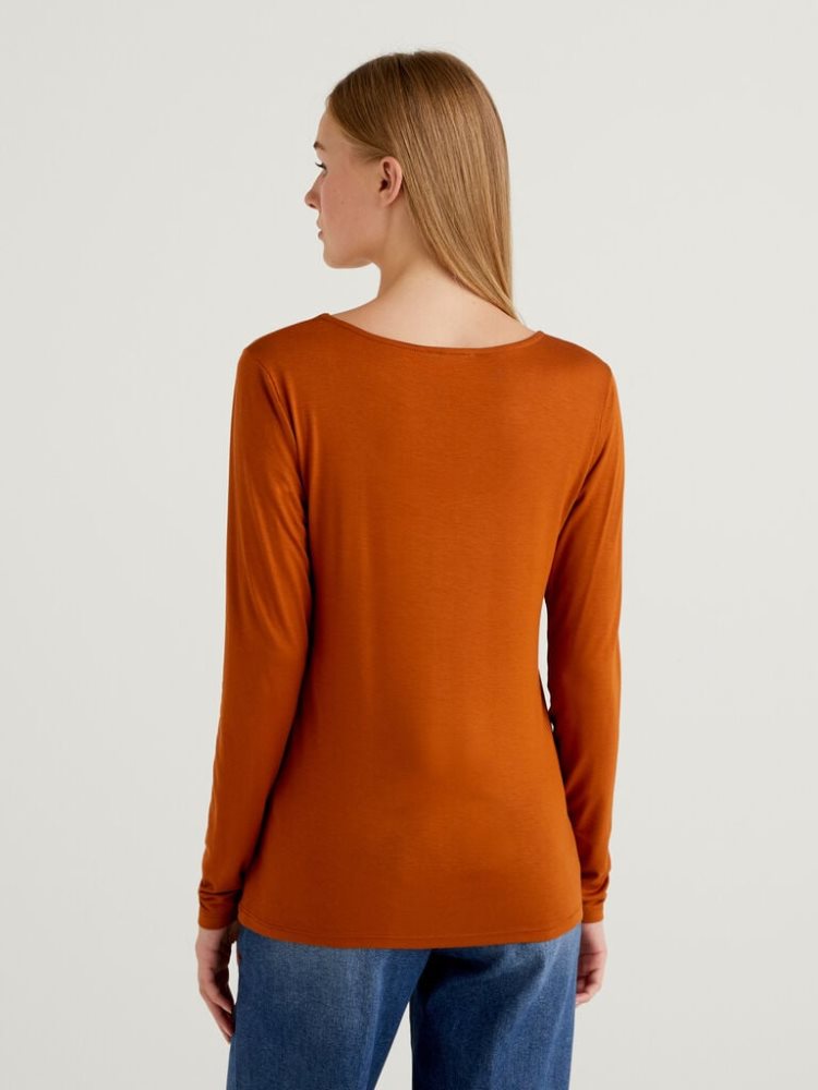 Benetton Sustainable Stretch Viscose Long Sleeve T-shirts Dames Burnt | BE401880