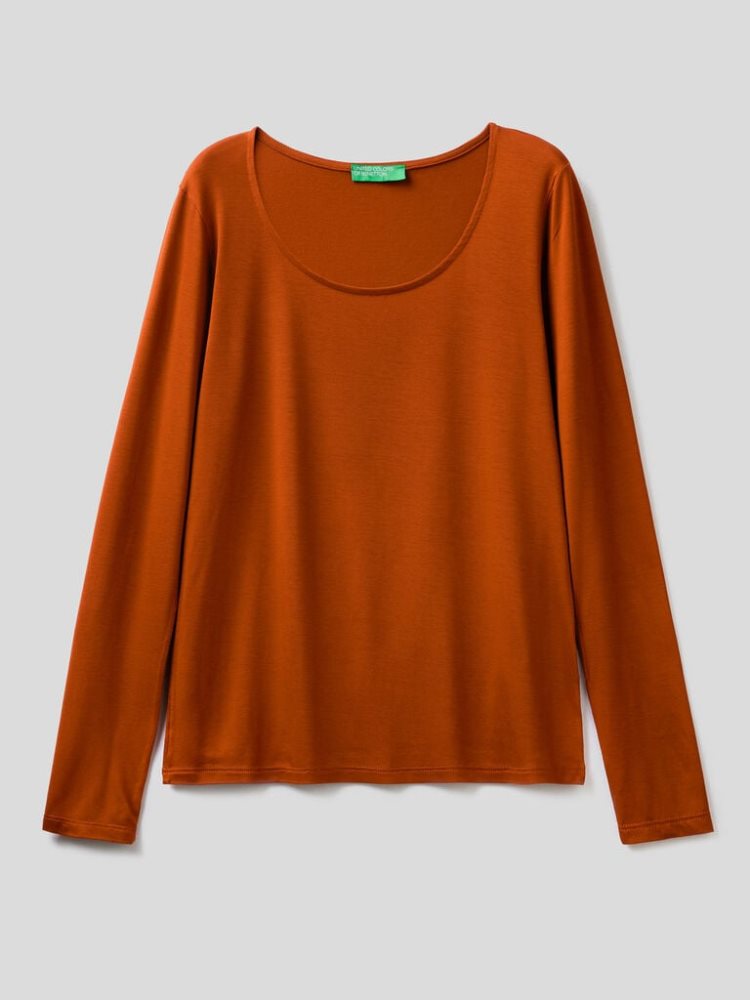 Benetton Sustainable Stretch Viscose Long Sleeve T-shirts Dames Burnt | BE401880