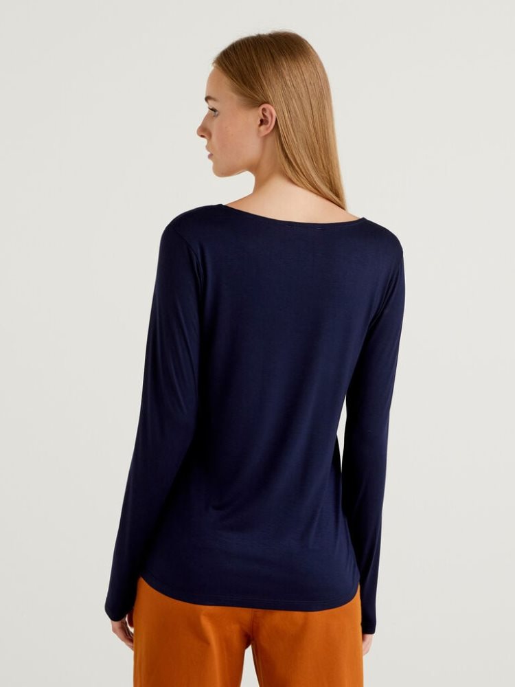 Benetton Sustainable Stretch Viscose Long Sleeve T-shirts Dames Donkerblauw | BE418027