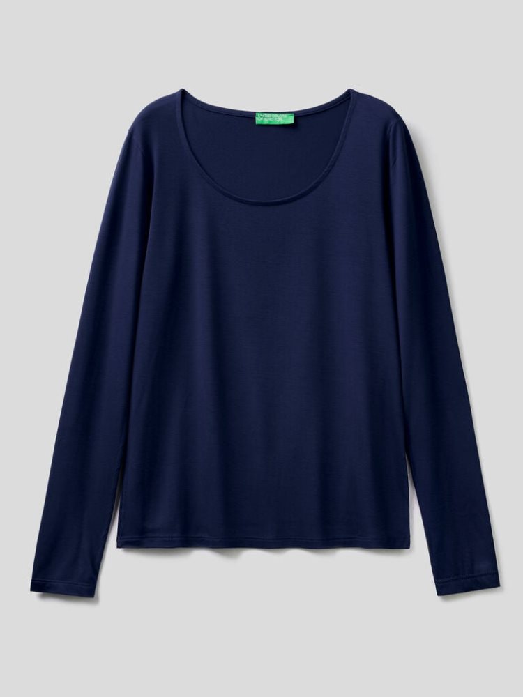 Benetton Sustainable Stretch Viscose Long Sleeve T-shirts Dames Donkerblauw | BE418027