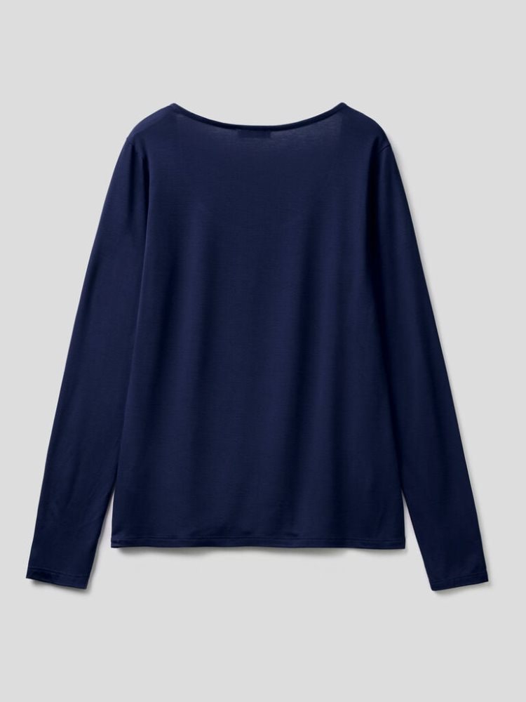 Benetton Sustainable Stretch Viscose Long Sleeve T-shirts Dames Donkerblauw | BE418027