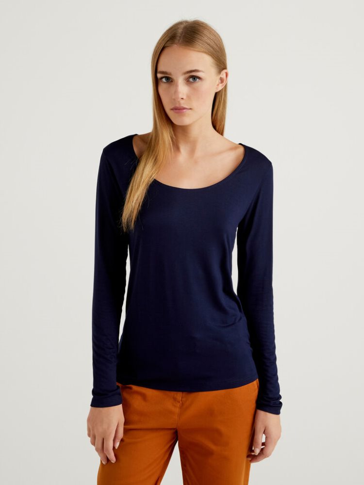 Benetton Sustainable Stretch Viscose Long Sleeve T-shirts Dames Donkerblauw | BE418027