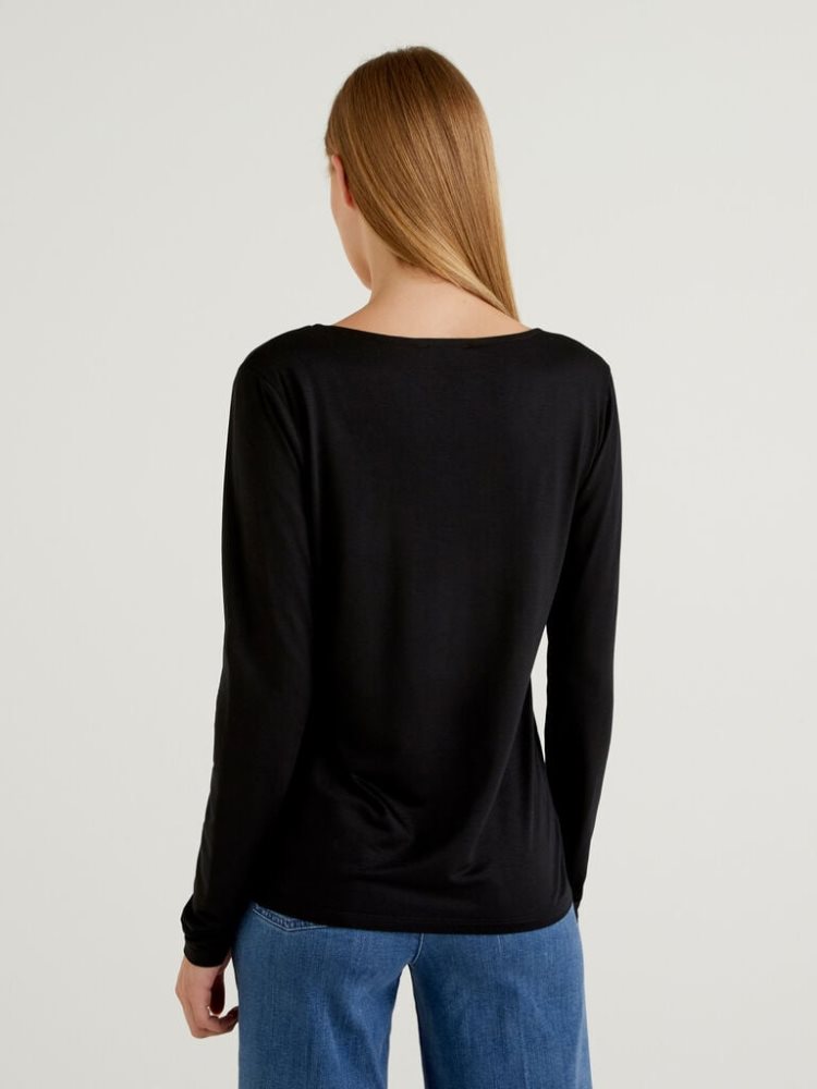 Benetton Sustainable Stretch Viscose Long Sleeve T-shirts Dames Zwart | BE430301