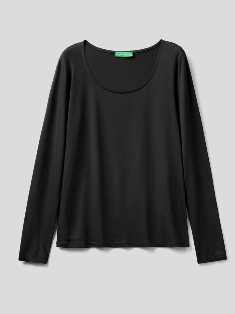 Benetton Sustainable Stretch Viscose Long Sleeve T-shirts Dames Zwart | BE430301