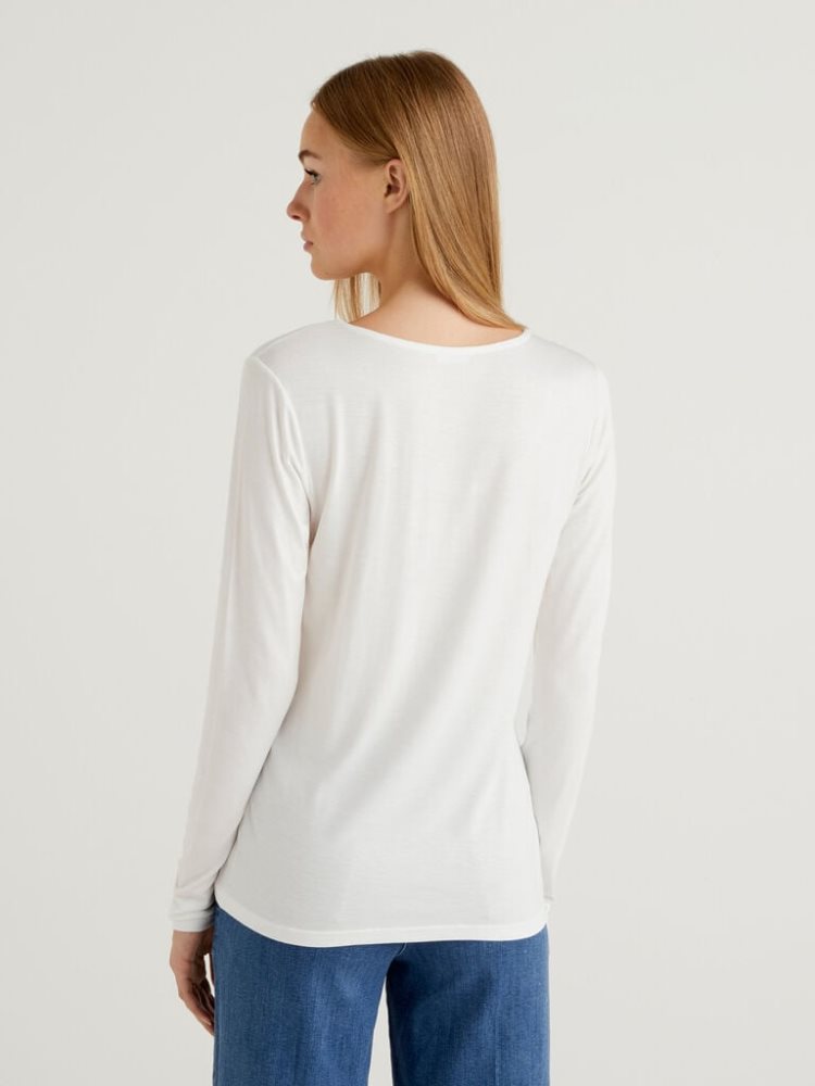 Benetton Sustainable Stretch Viscose Long Sleeve T-shirts Dames Wit | BE487379