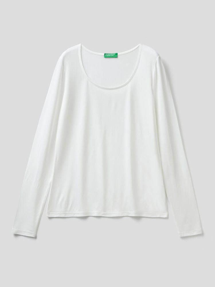 Benetton Sustainable Stretch Viscose Long Sleeve T-shirts Dames Wit | BE487379