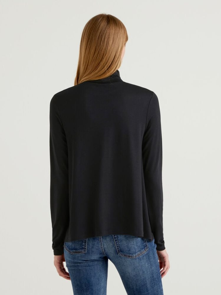 Benetton Sustainable Stretch Viscose Turtleneck Long Sleeve T-shirts Dames Zwart | BE335799