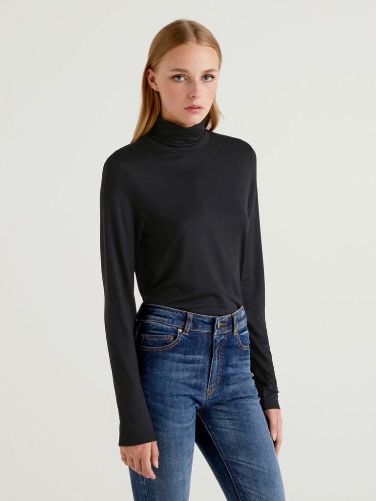 Benetton Sustainable Stretch Viscose Turtleneck Long Sleeve T-shirts Dames Zwart | BE335799