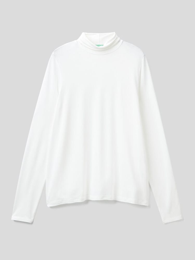 Benetton Sustainable Stretch Viscose Turtleneck Long Sleeve T-shirts Dames Wit | BE517552