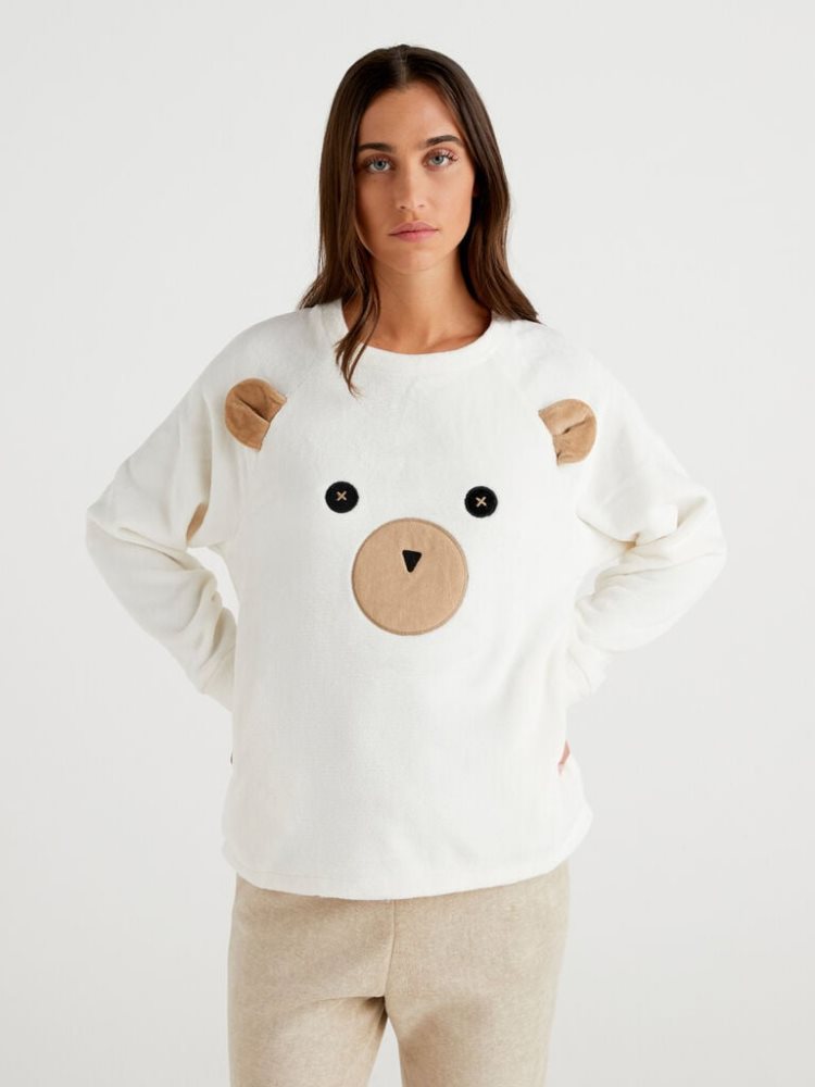 Benetton Teddy Bear Embroidery Sweatshirt Dames Wit | BE213166