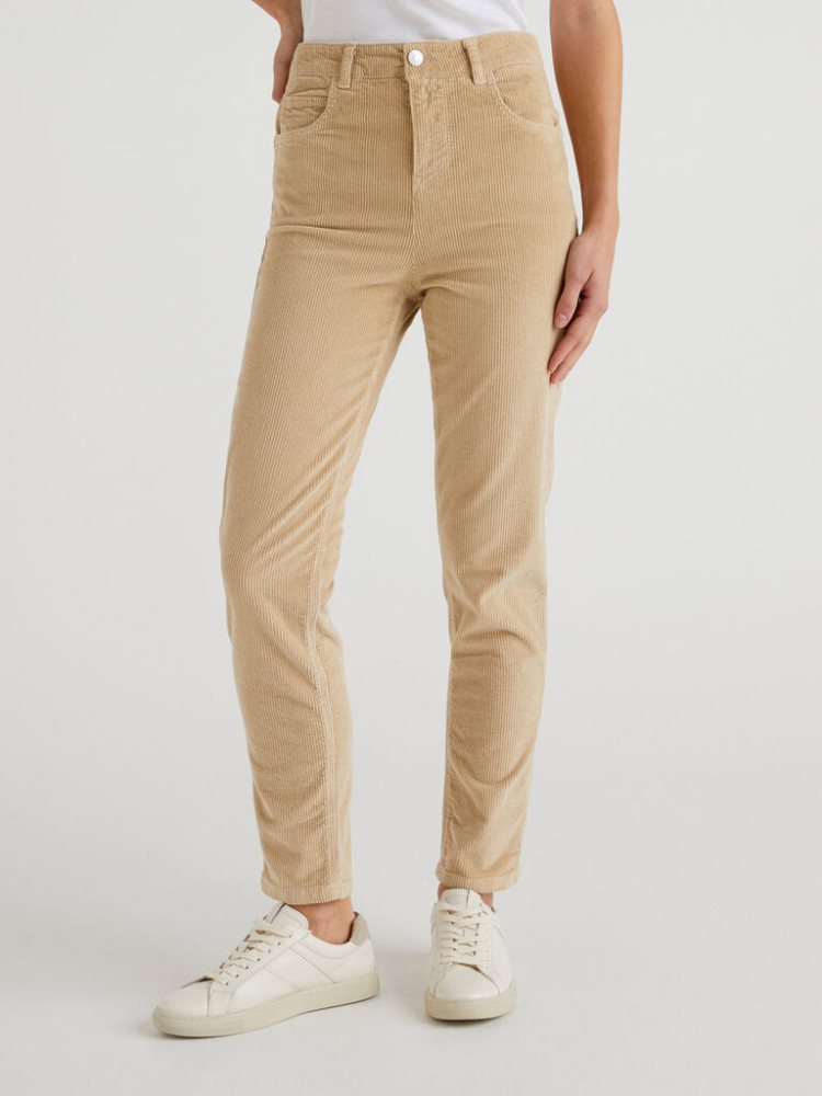 Benetton Thinly-striped Velvet Broek Dames Beige | BE003828