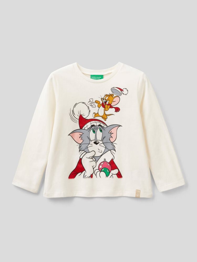 Benetton Tom & Jerry Christmas Long Sleeve T-shirts Kinderen Wit | BE576949