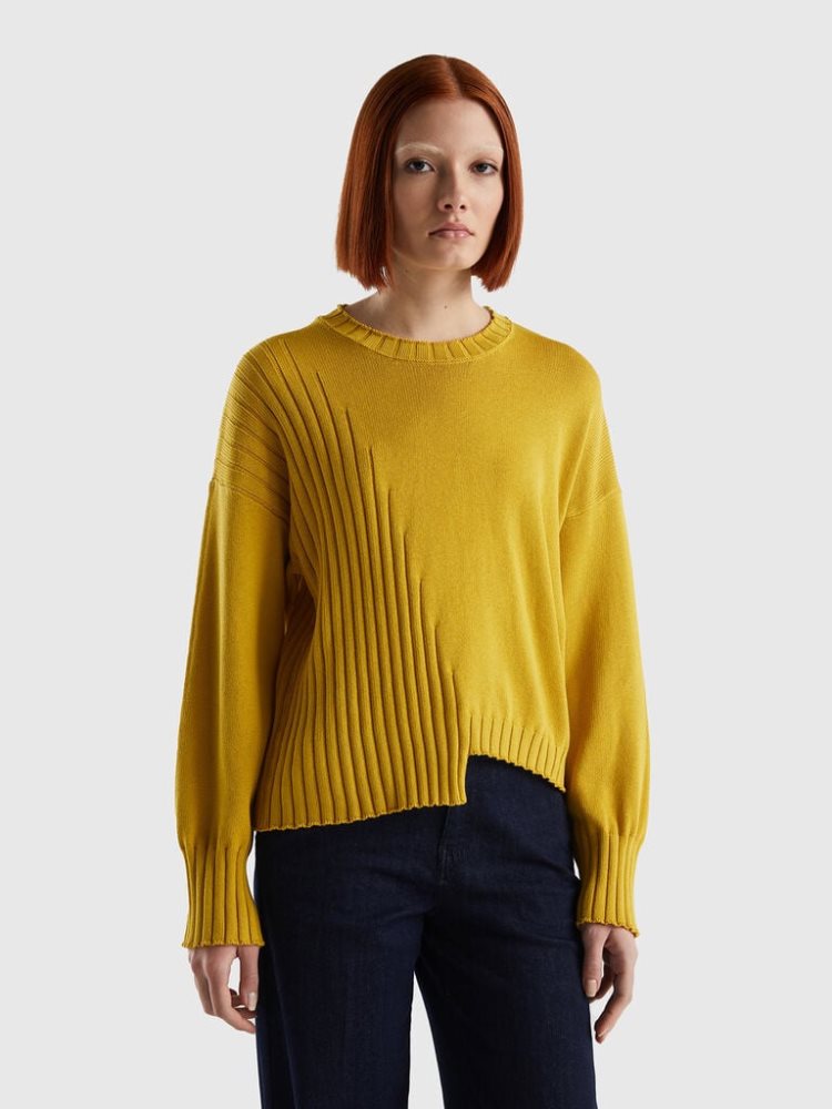 Benetton Uneven Bottom Crew Neck Sweaters Dames Mosterdgeel | BE093879