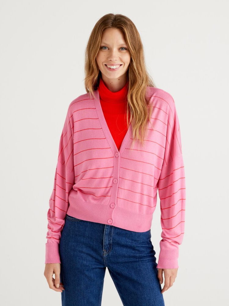 Benetton V-neck Cashmere Blend Cardigan Dames Roze | BE050796